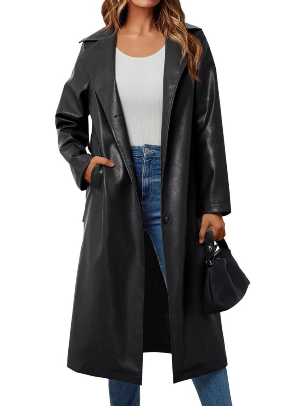Chic Women's Long Faux Leather Jacket with Belt, Stylish Three-Button Design